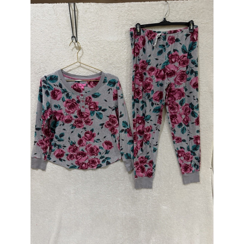 Betsey Johnson Knit 2 Piece Pajama Set Pink Floral Size Small Waffle Knit Button